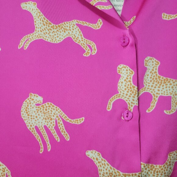 NWT Skies are Blue Curvy Pink Animal Cheetah Print Button Down Satin Shirt Dress - Picture 7 of 13